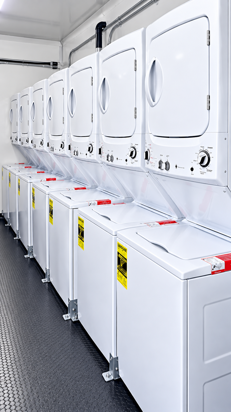 Washer and dryer interior of a 24 ft mobile laundry trailer