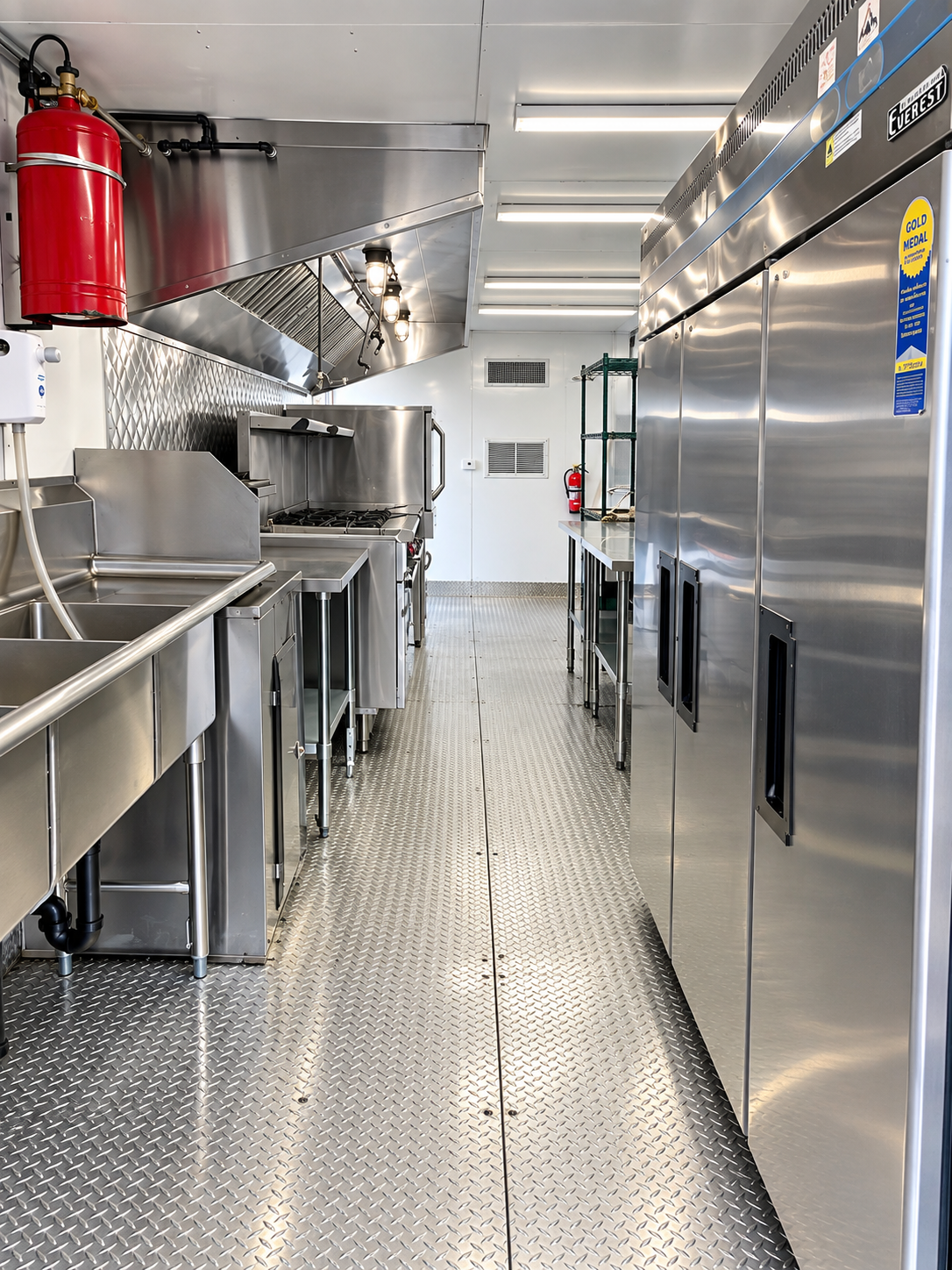 Full equipment interior of a 28 ft mobile kitchen trailer
