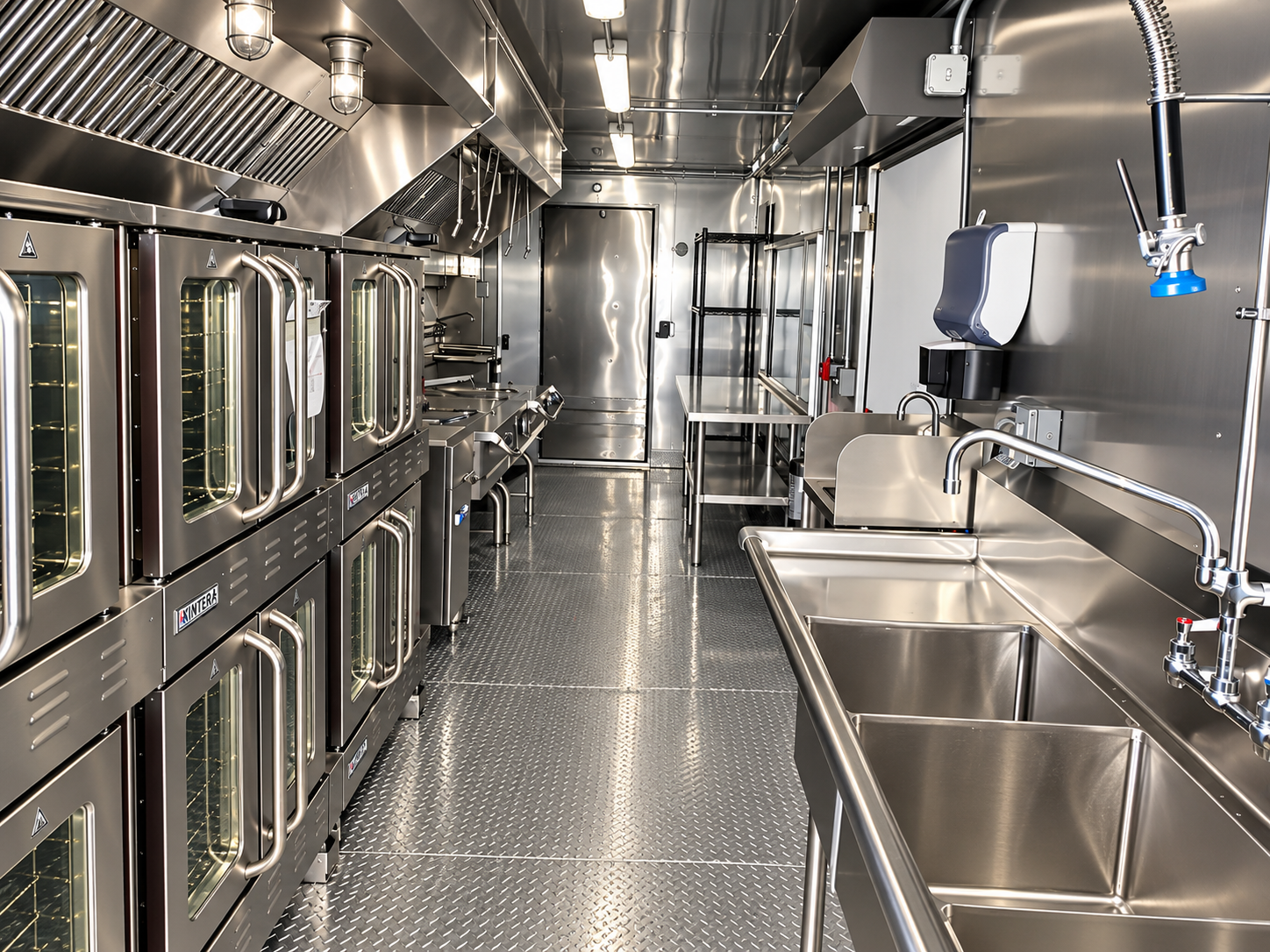 Ovens, wash station and preparation area inside a 40 ft bulk combination kitchen trailer