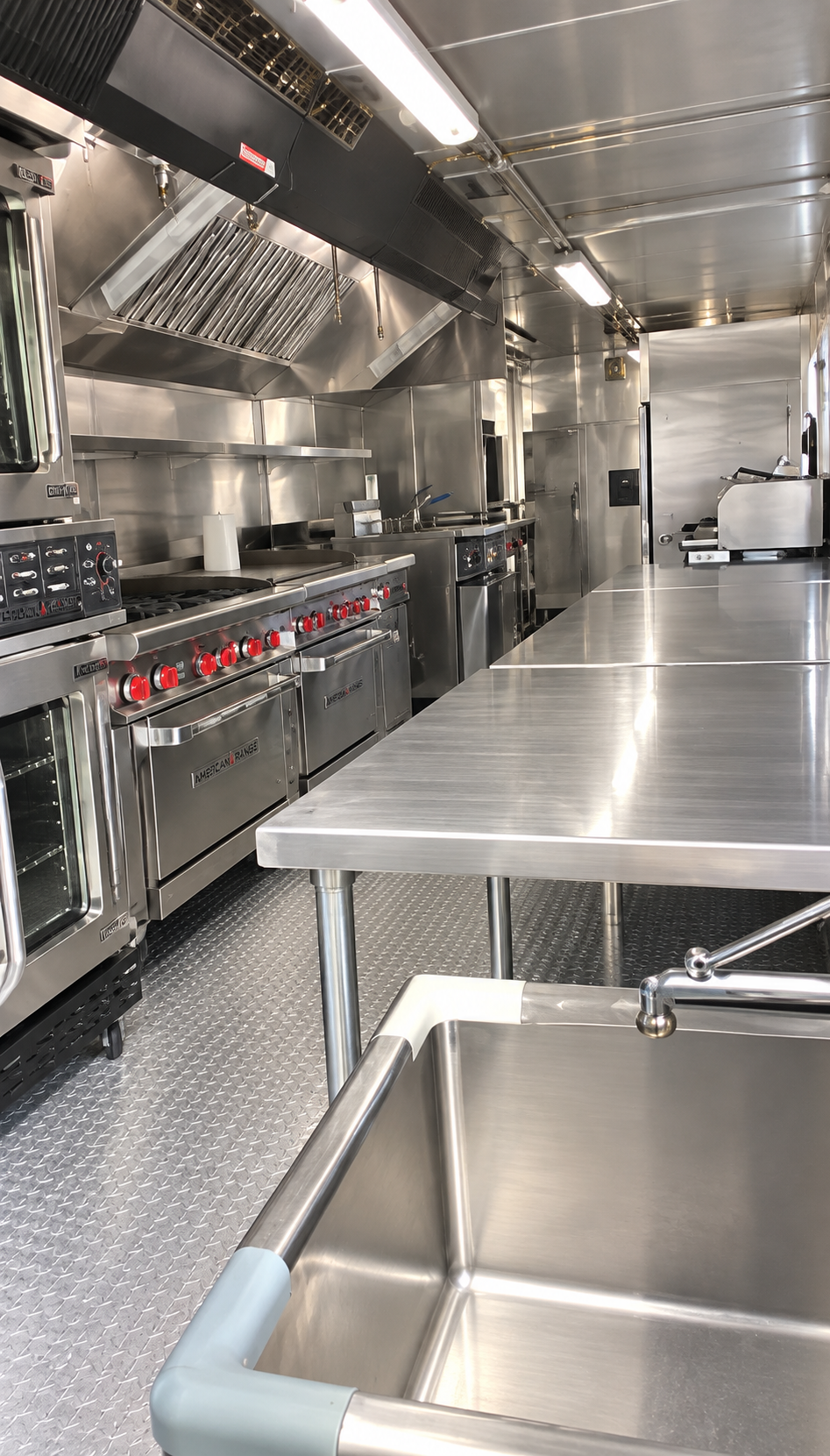 Cooking and preparation area inside a 40 ft mobile kitchen trailer