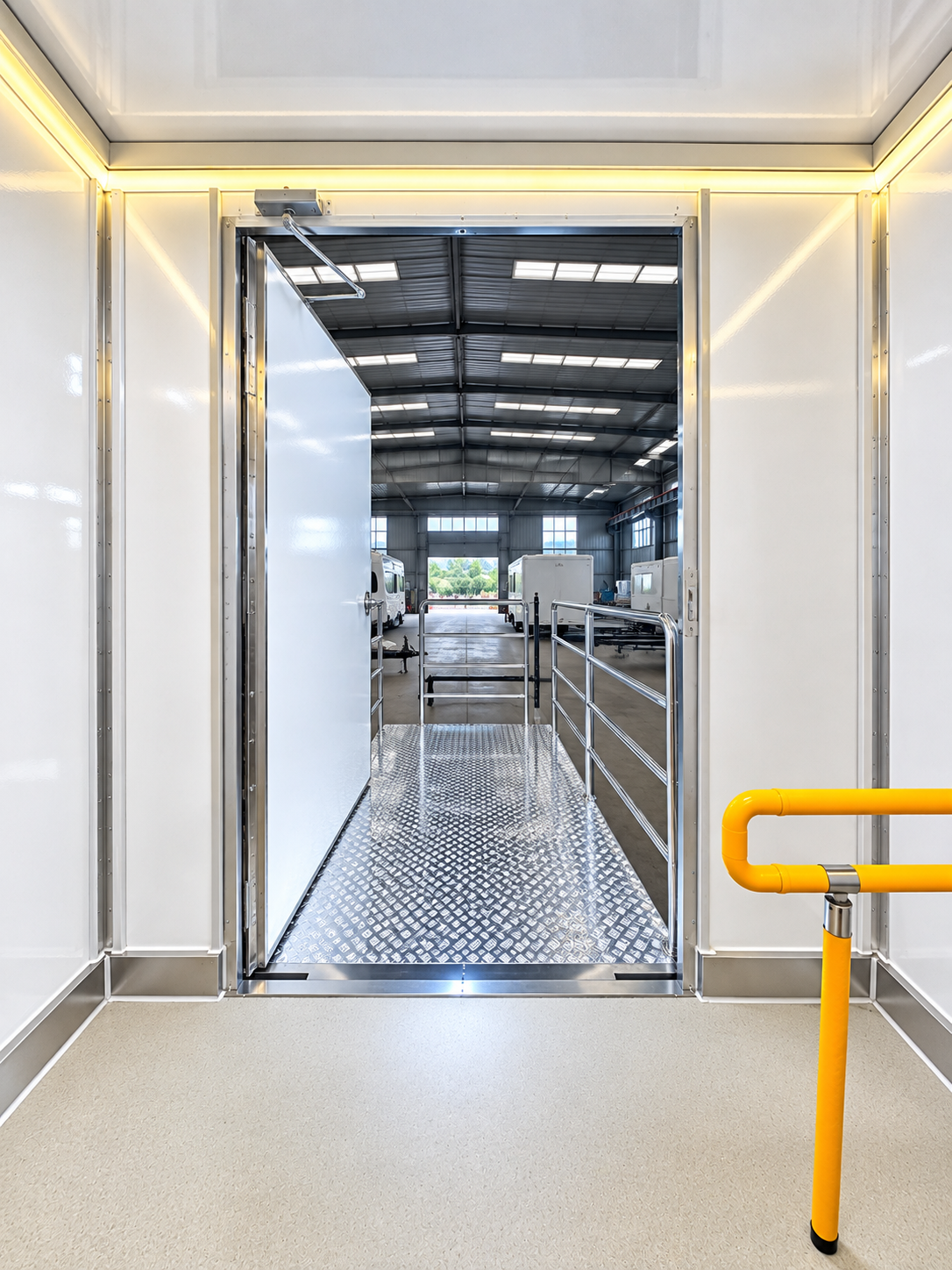Interior of an eight-stall plus one ADA shower and restroom combination trailer